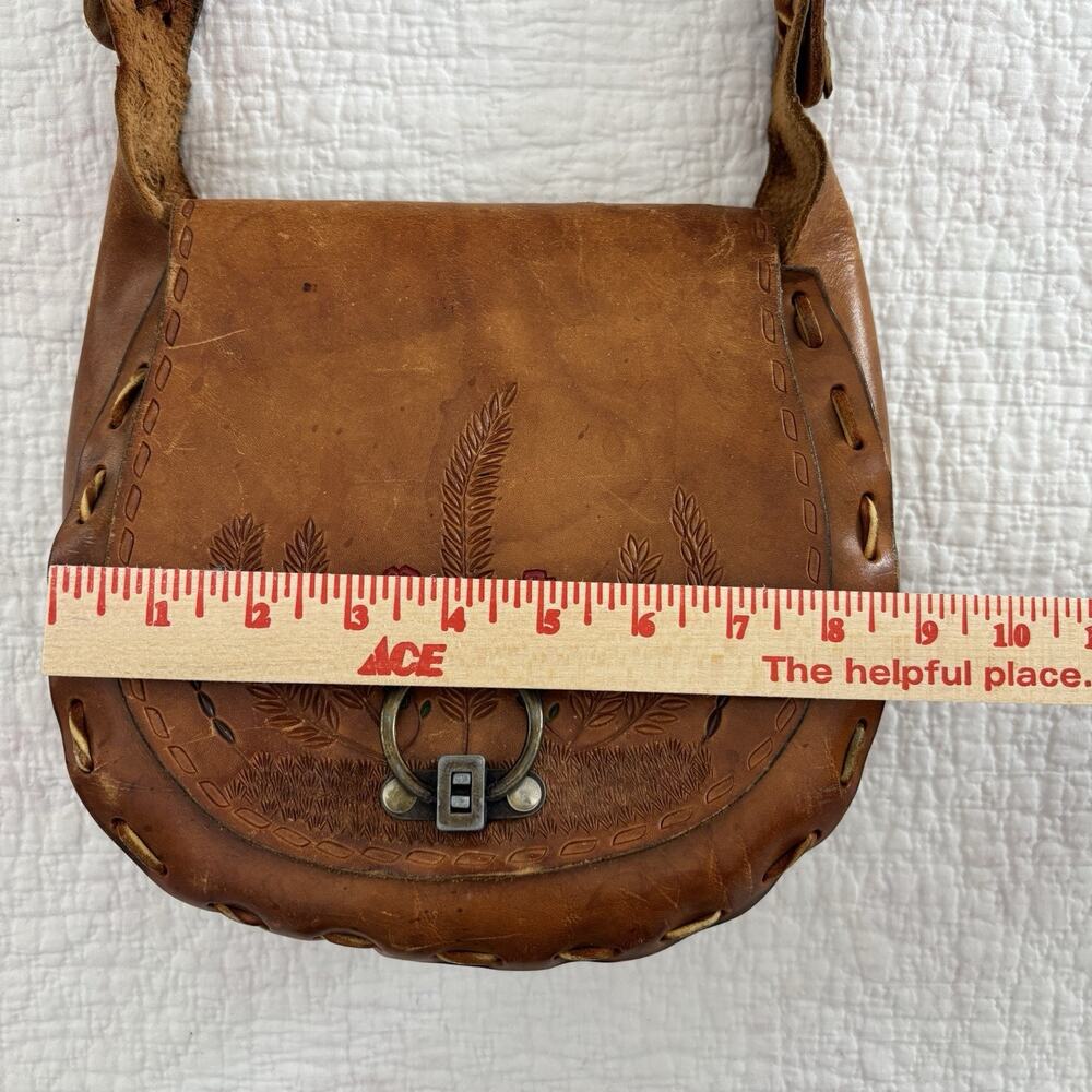 VTG Hand Tooled Painted Flowers Brown Leather Saddle Bag Boho Hippie - Picture 6 of 15